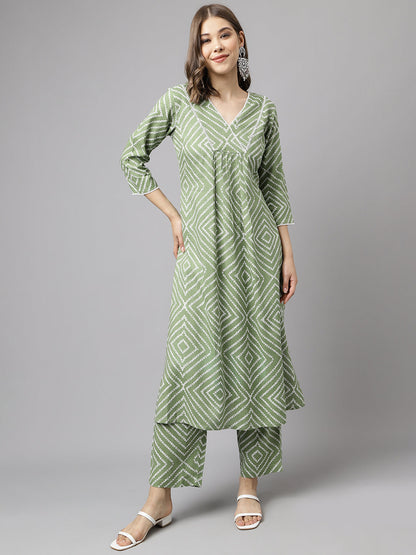 Women's Green Cotton A-line Kurta with Palazzo