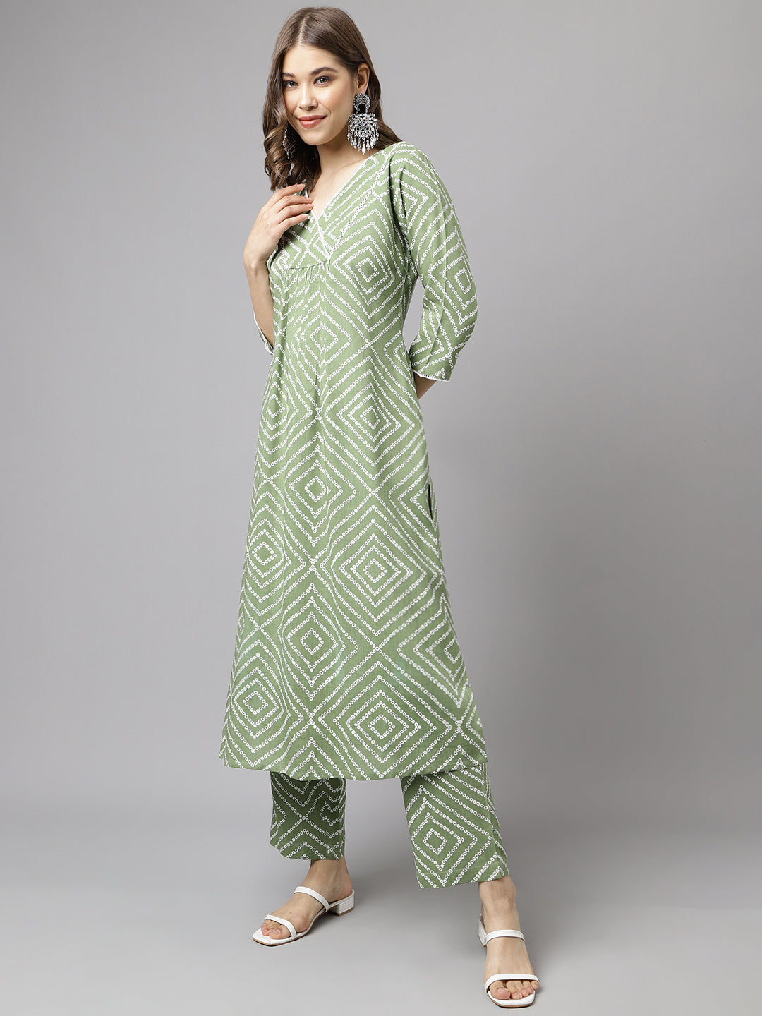 Women's Green Cotton A-line Kurta with Palazzo