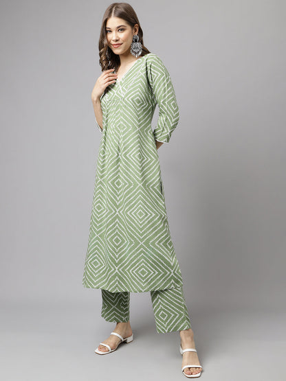 Women's Green Cotton A-line Kurta with Palazzo