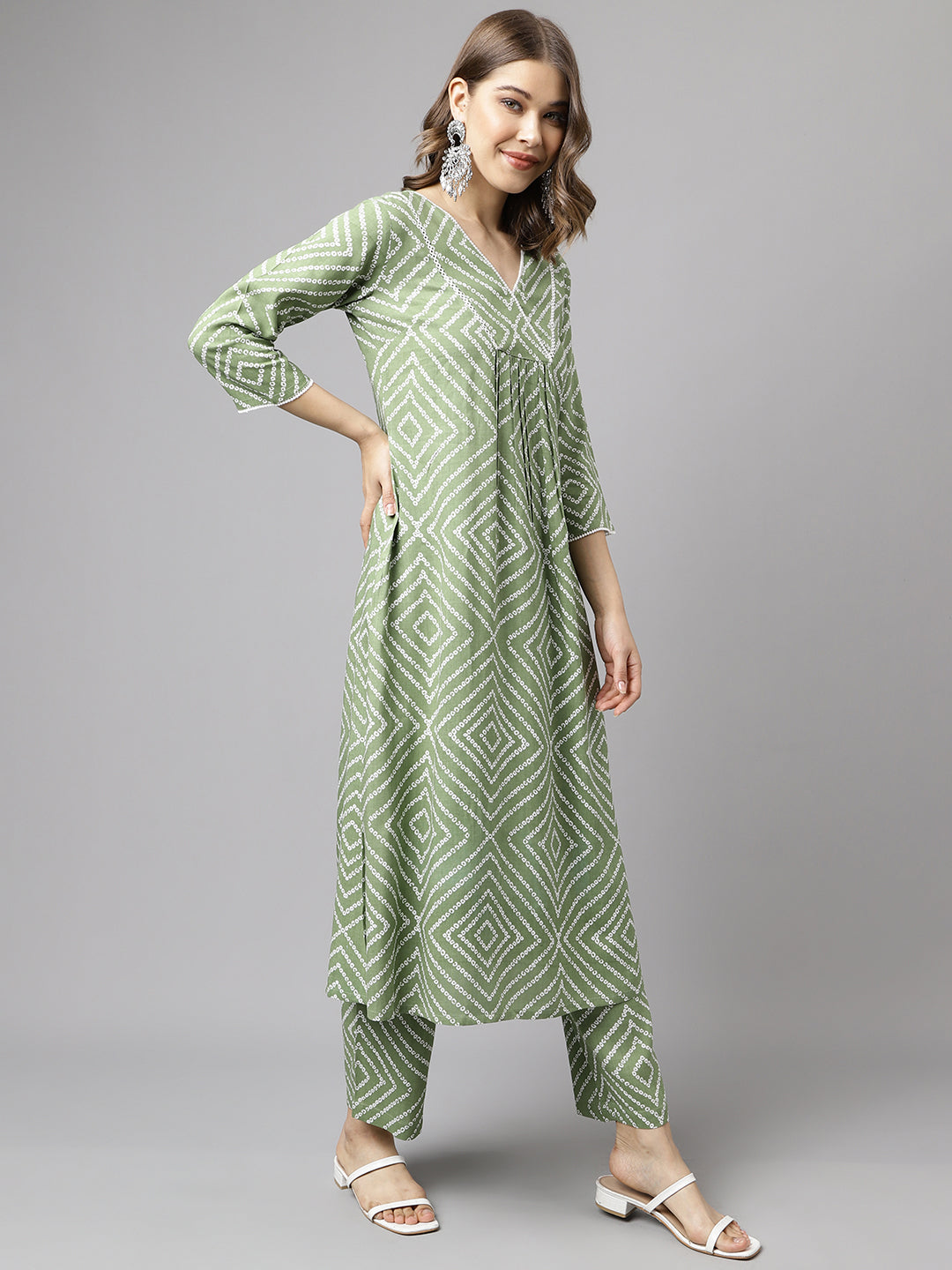 Women's Green Cotton A-line Kurta with Palazzo