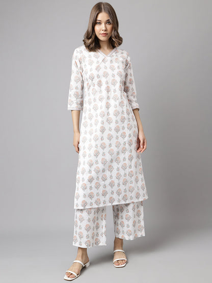 Women's White Cotton A-Line Kurta with Palazzo