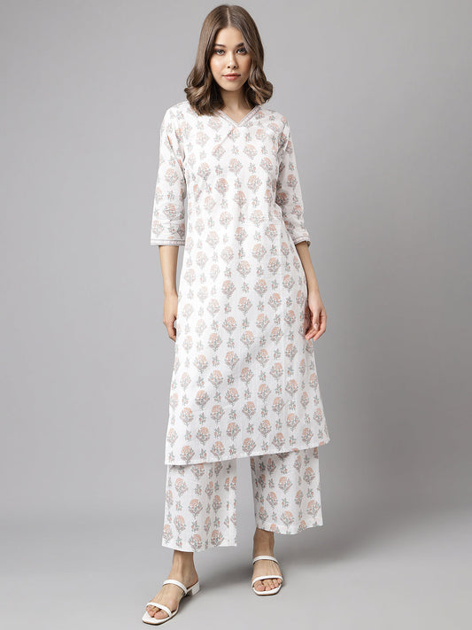 Women's White Cotton A-Line Kurta with Palazzo