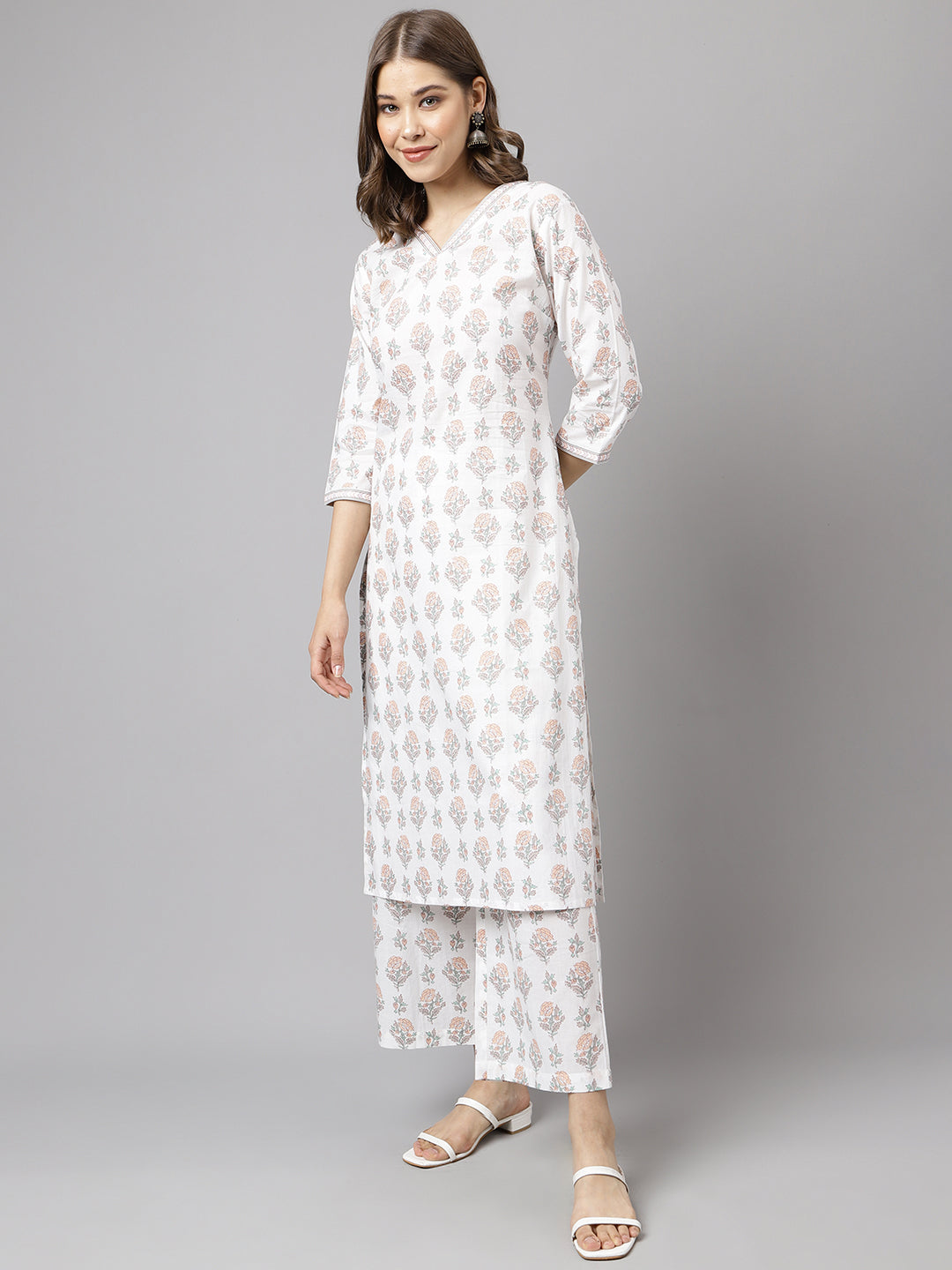 Women's White Cotton A-Line Kurta with Palazzo