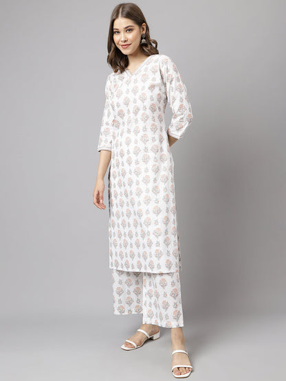 Women's White Cotton A-Line Kurta with Palazzo
