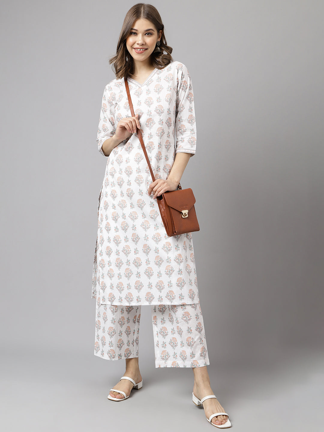 Women's White Cotton A-Line Kurta with Palazzo