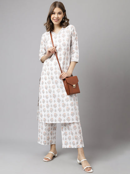 Women's White Cotton A-Line Kurta with Palazzo