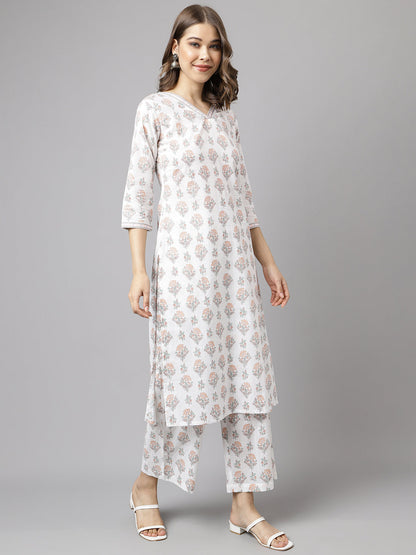 Women's White Cotton A-Line Kurta with Palazzo