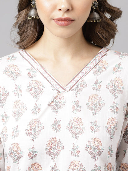Women's White Cotton A-Line Kurta with Palazzo