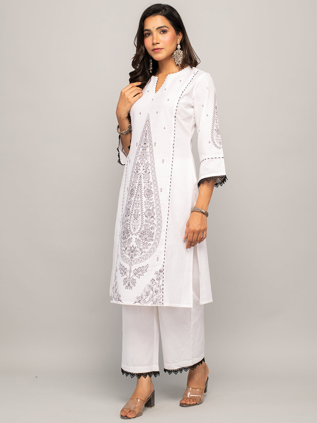 Women's White Cotton A-line Kurta with Palazzo