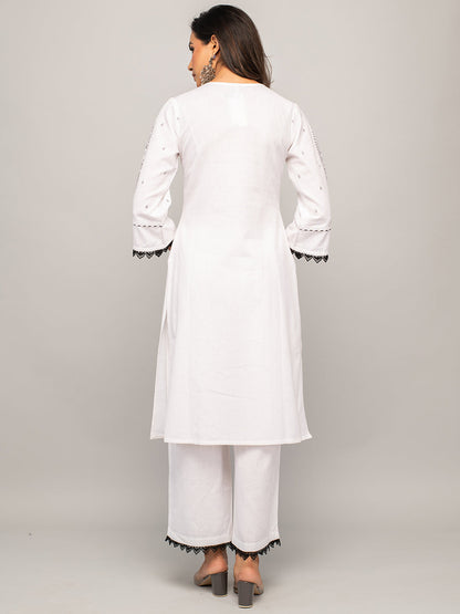 Women's White Cotton A-line Kurta with Palazzo