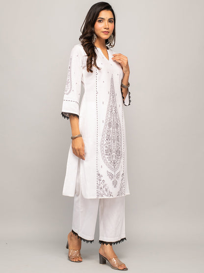 Women's White Cotton A-line Kurta with Palazzo