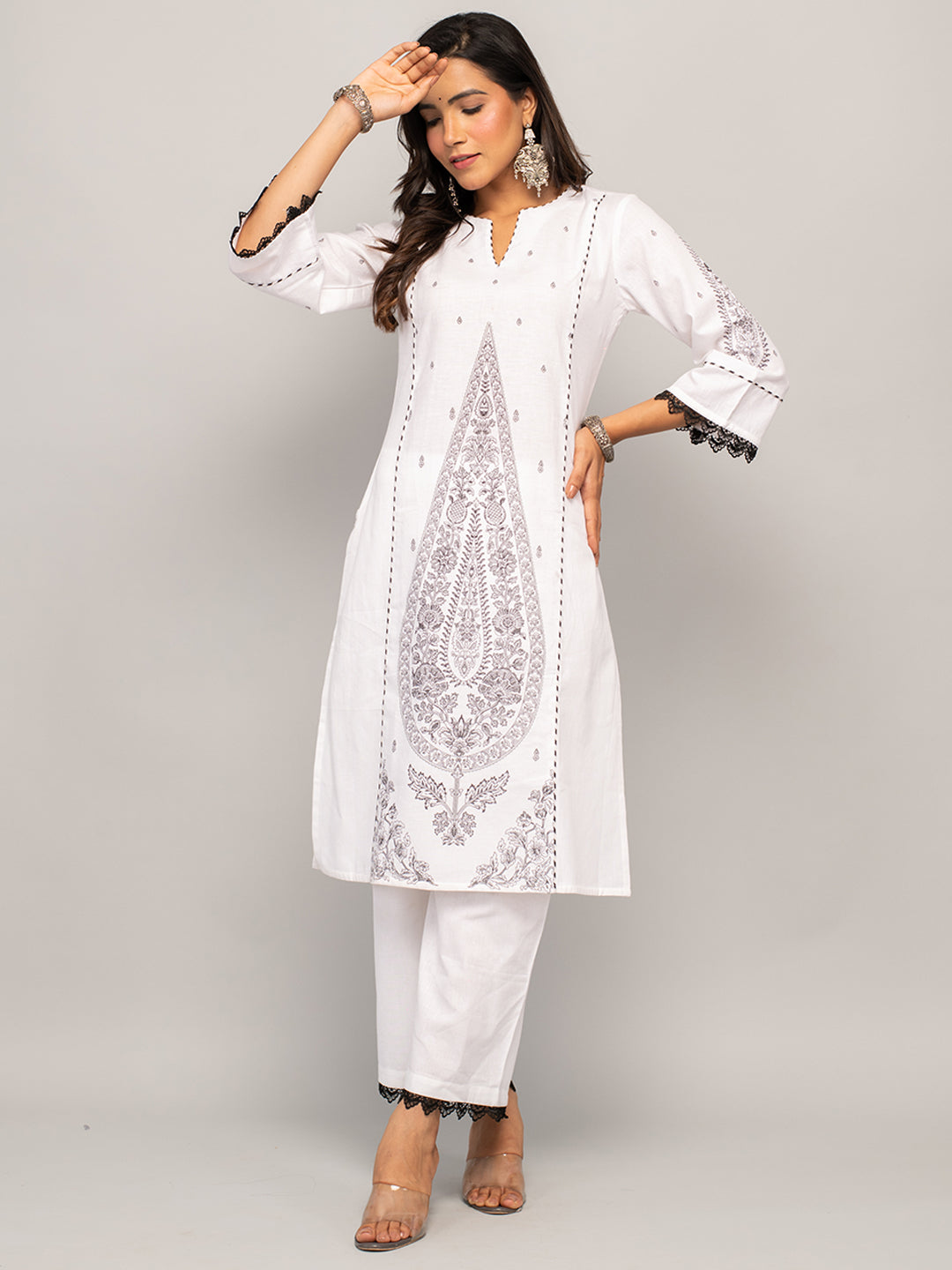 Women's White Cotton A-line Kurta with Palazzo