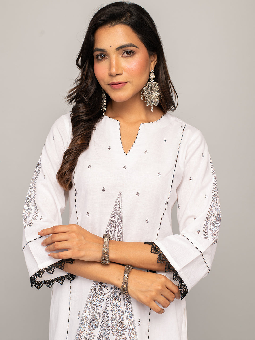 Women's White Cotton A-line Kurta with Palazzo