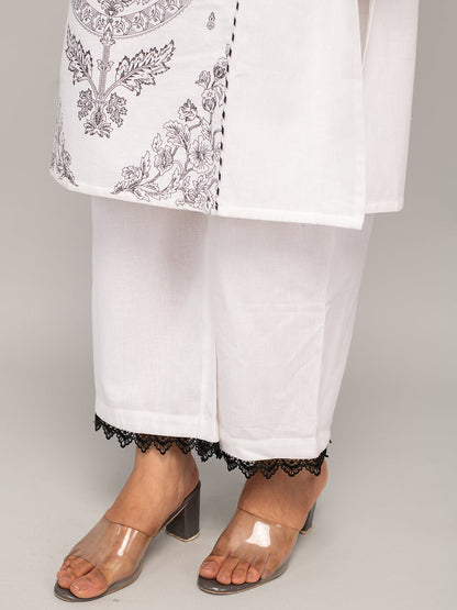 Women's White Cotton A-line Kurta with Palazzo