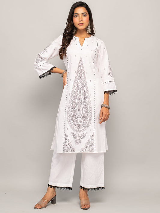 Women's White Cotton A-line Kurta with Palazzo