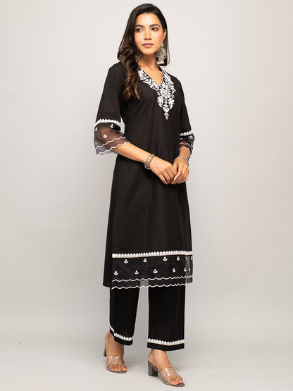 Women's Black Cotton Floral Embroidery Straight Kurta with Palazzo