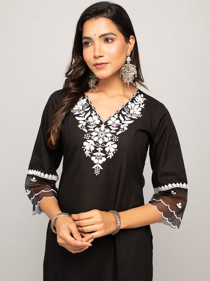 Women's Black Cotton Floral Embroidery Straight Kurta with Palazzo