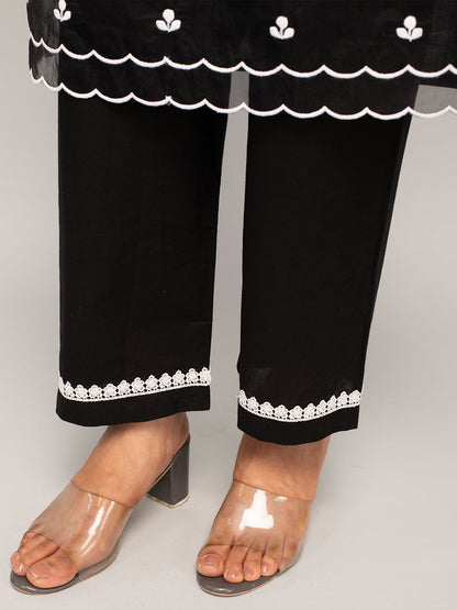 Women's Black Cotton Floral Embroidery Straight Kurta with Palazzo