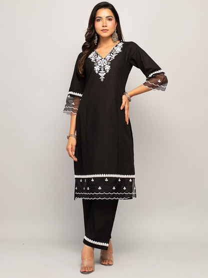 Women's Black Cotton Floral Embroidery Straight Kurta with Palazzo