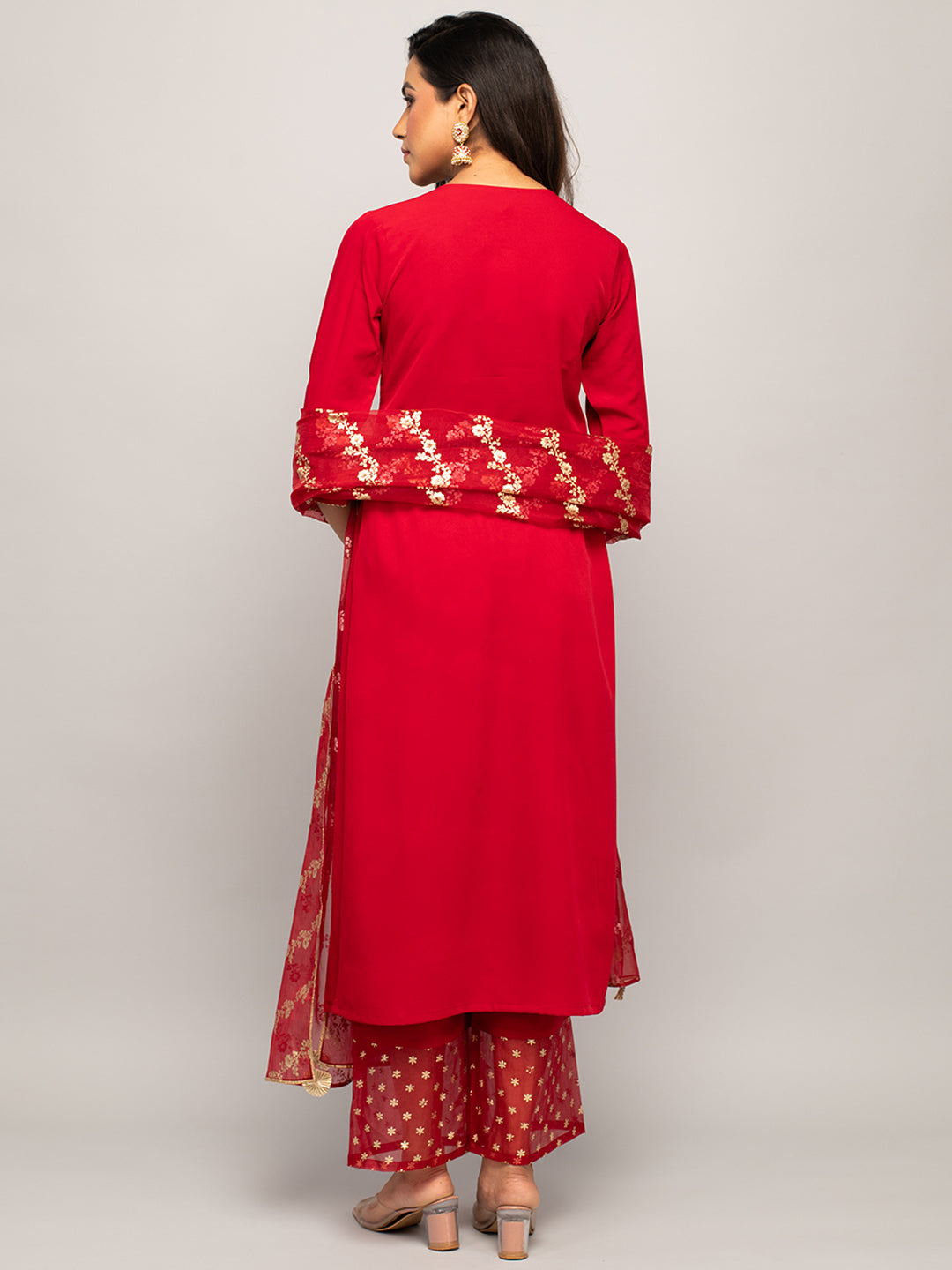 Women's Red Crepe A-line Kurta with Palazzo And Dupatta