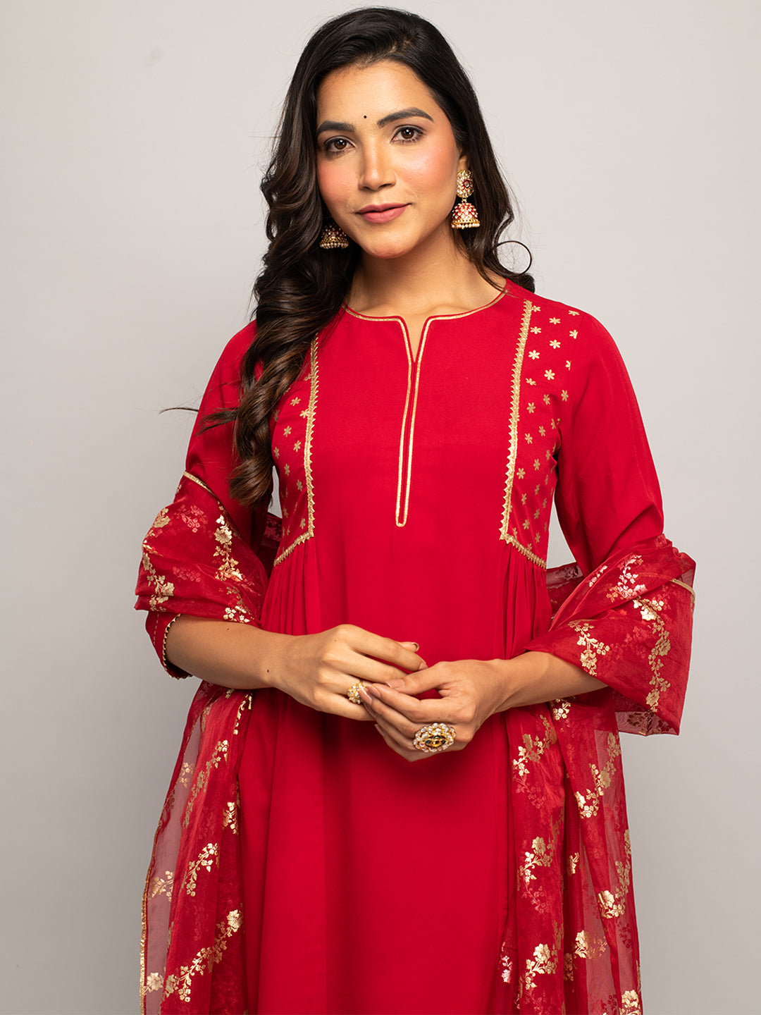 Women's Red Crepe A-line Kurta with Palazzo And Dupatta
