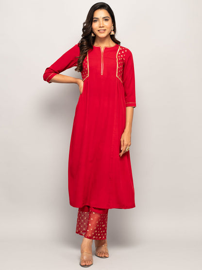 Women's Red Crepe A-line Kurta with Palazzo And Dupatta