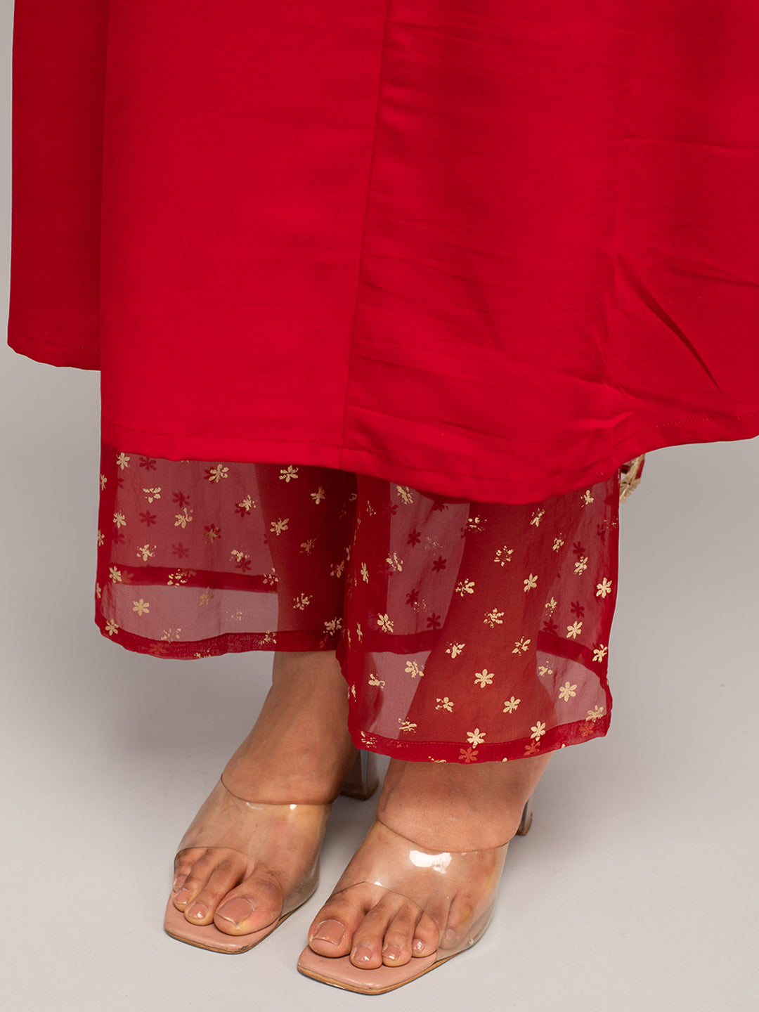 Women's Red Crepe A-line Kurta with Palazzo And Dupatta