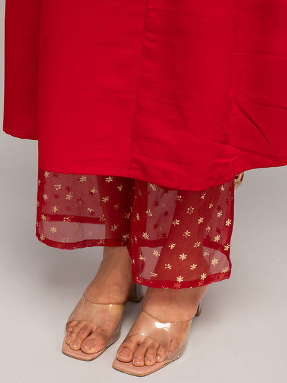 Women's Red Crepe A-line Kurta with Palazzo And Dupatta
