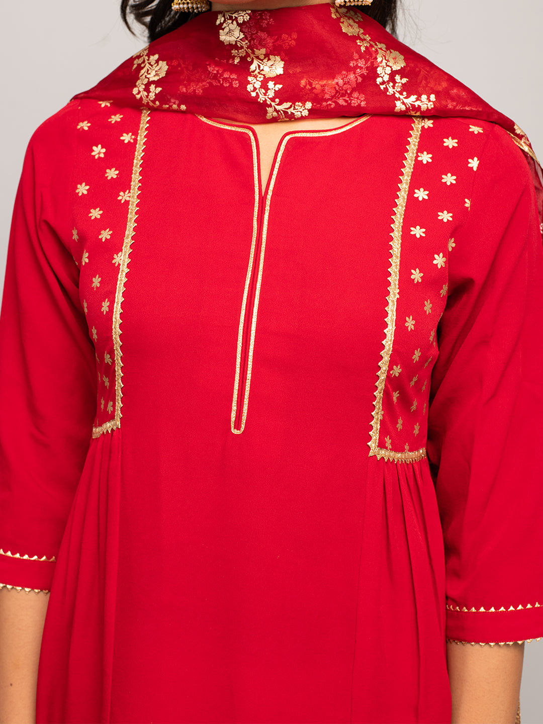 Women's Red Crepe A-line Kurta with Palazzo And Dupatta