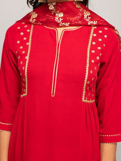 Women's Red Crepe A-line Kurta with Palazzo And Dupatta