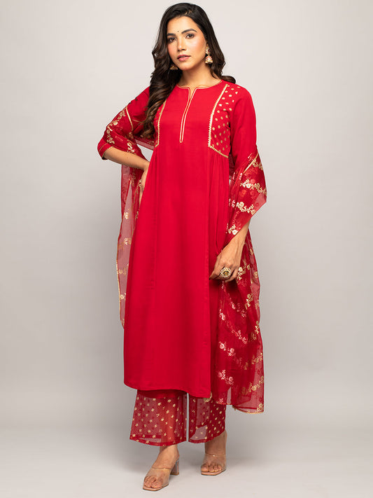 Women's Red Crepe A-line Kurta with Palazzo And Dupatta