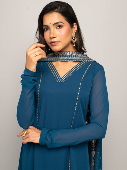 Women's Teal Blue Crepe A-line Kurta with Pant and Dupatta