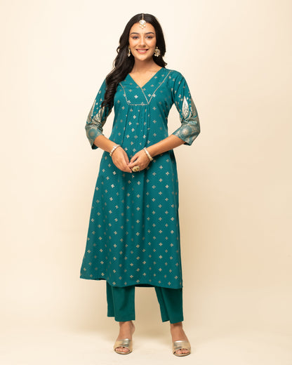 Women's Teal Blue Crepe A-Line Kurta Pant with dupatta
