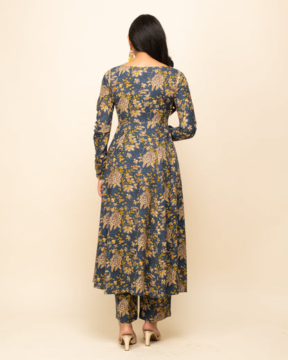 Women's Navy Blue Cotton A-line Kurta with Pant and Dupatta