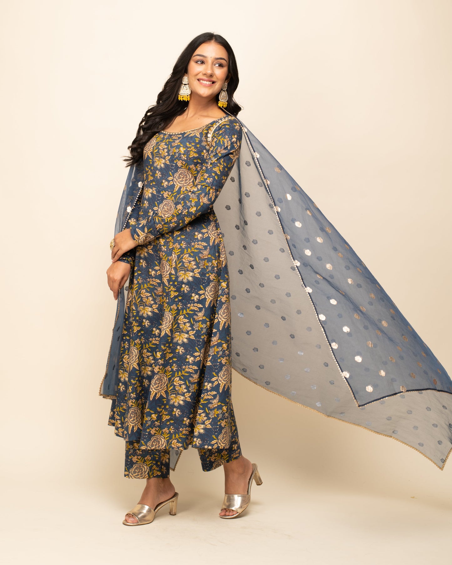 Women's Navy Blue Cotton A-line Kurta with Pant and Dupatta