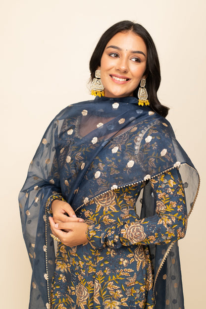 Women's Navy Blue Cotton A-line Kurta with Pant and Dupatta