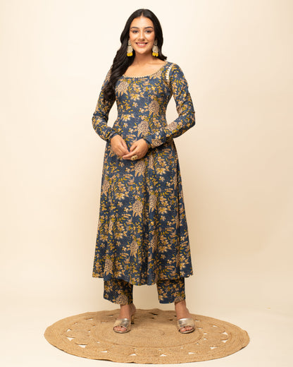 Women's Navy Blue Cotton A-line Kurta with Pant and Dupatta