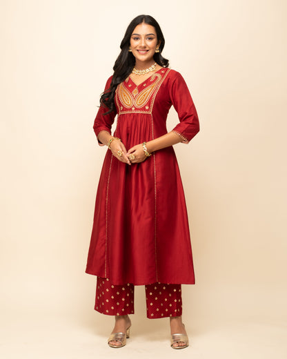 Women's Red Silk Blend A-Line Kurta With Palazzo And Dupatta
