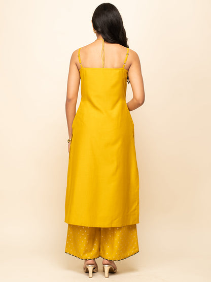 Women's Yellow Silk Blend Straight Kurta With Palazzo And Dupatta