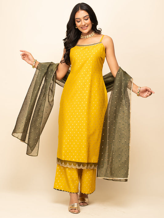 Women's Yellow Silk Blend Straight Kurta With Palazzo And Dupatta