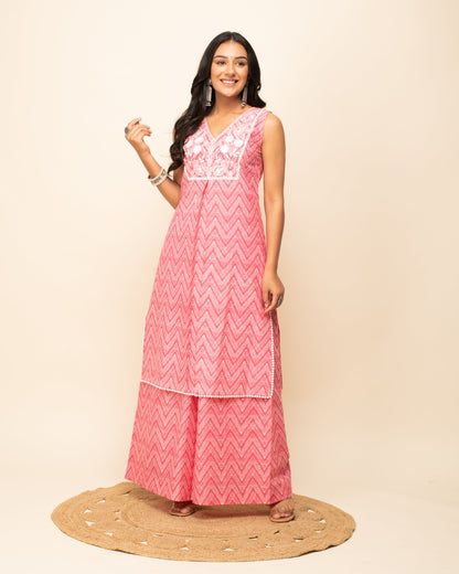 Women's Peach Cotton Straight Kurta With Palazzo And Dupatta