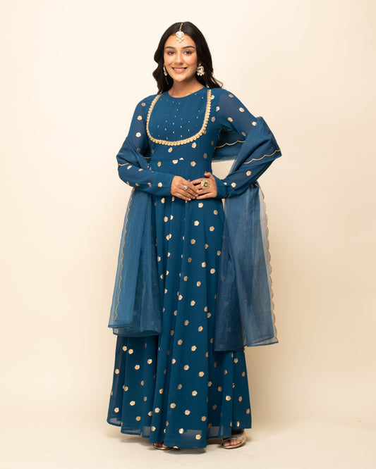 Women's Teal Blue Georgette Printed Gown With Dupatta