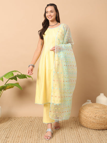 Women's Light Yellow Lurex Cotton A-Line Kurta and Pant With Dupatta