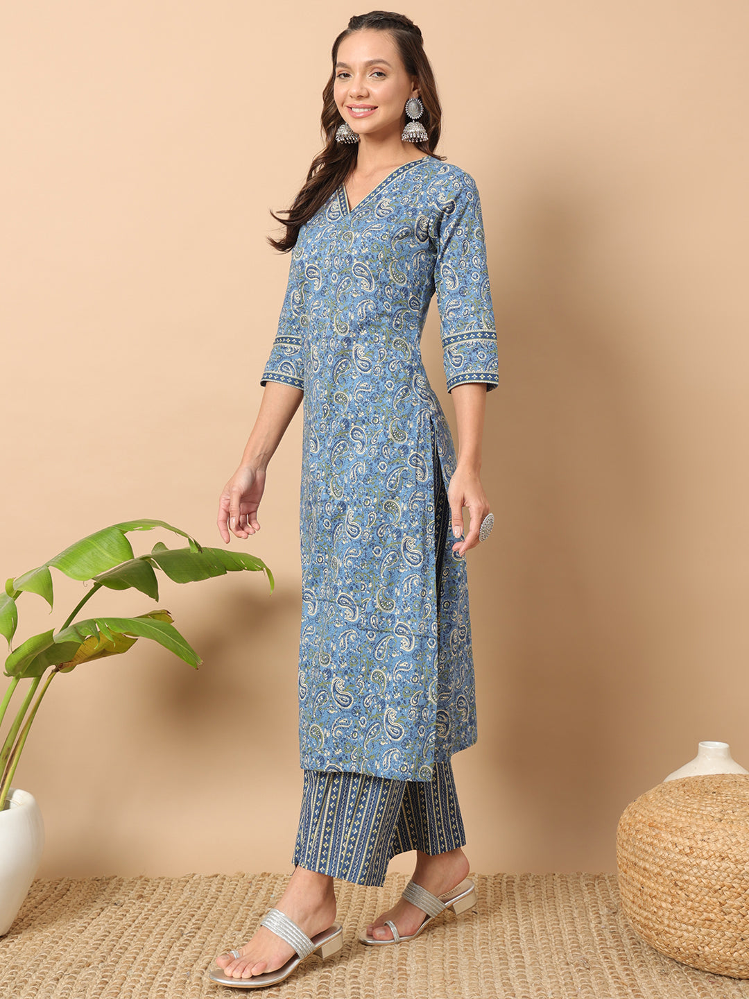 Women's Light Blue Cotton Straight Kurta Set
