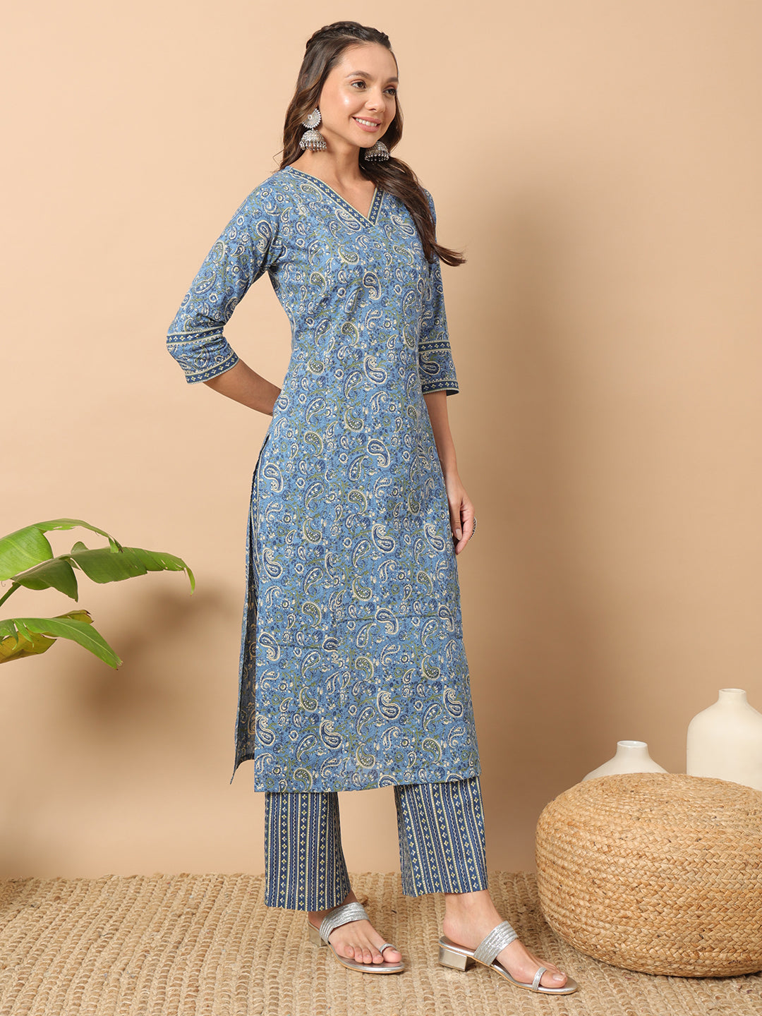 Women's Light Blue Cotton Straight Kurta Set