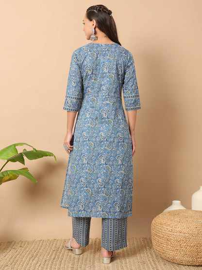 Women's Light Blue Cotton Straight Kurta Set
