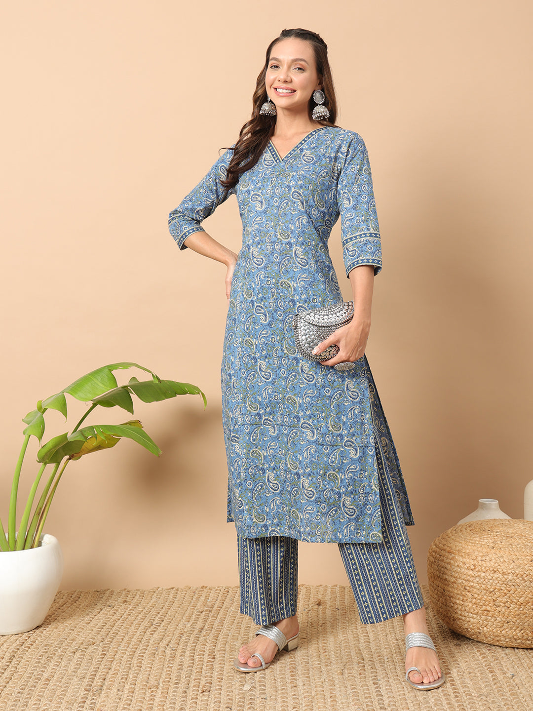 Women's Light Blue Cotton Straight Kurta Set