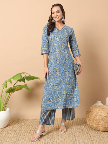 Women's Light Blue Cotton Straight Kurta Set