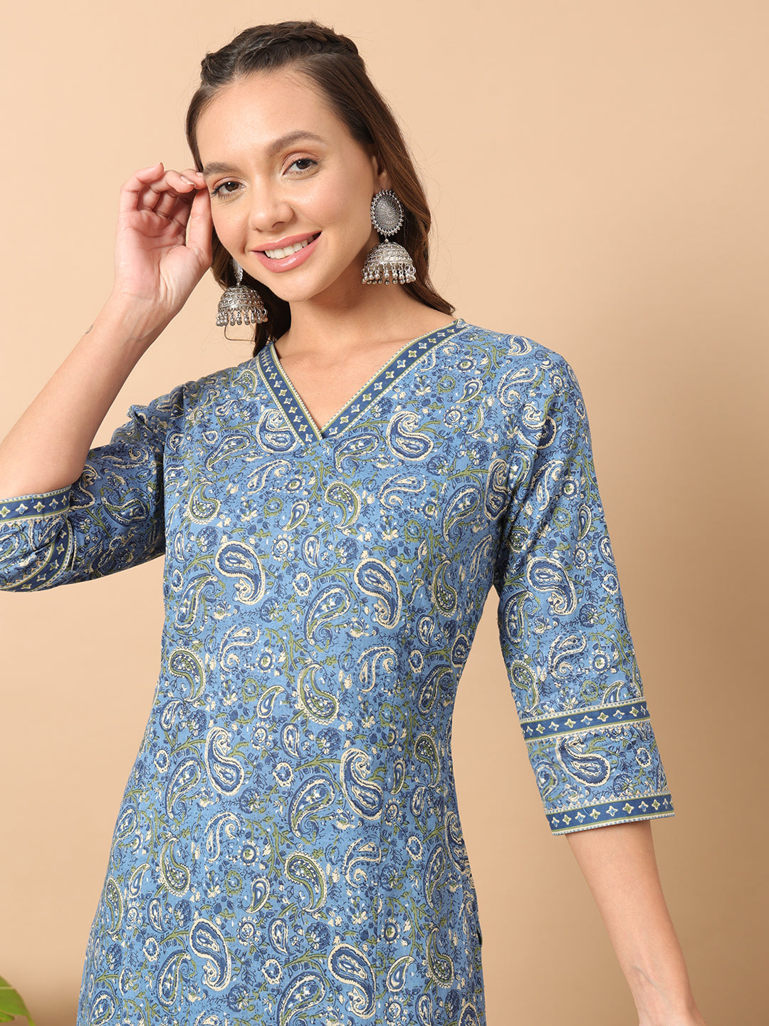 Women's Light Blue Cotton Straight Kurta Set