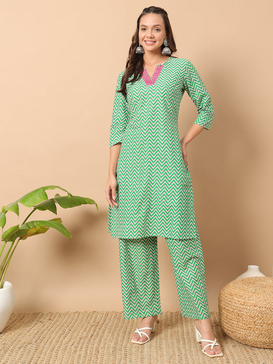 Dhiyona FL Women's Sea Green Cotton Straight Kurta Set